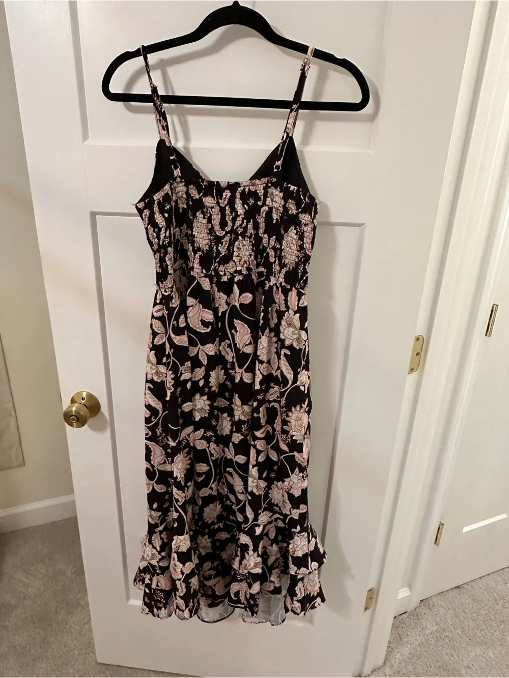 Black Floral Spaghetti Strap Midi Dress with Pink Flower Print - Picture 3 of 4